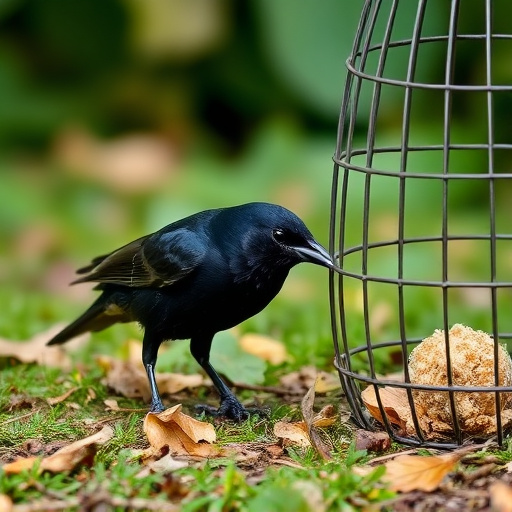 Blackbird feeding near ground fat ball cage