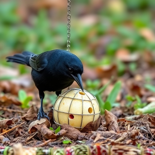 Blackbird feeding near ground fat ball cage