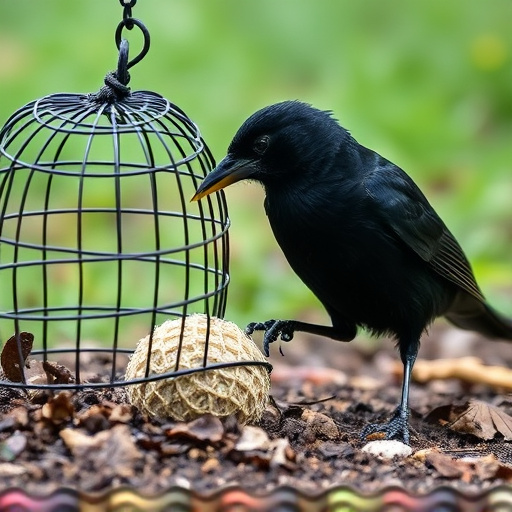 Blackbird feeding near ground fat ball cage