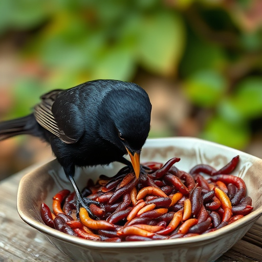 Blackbird feeding on mealworms in dish