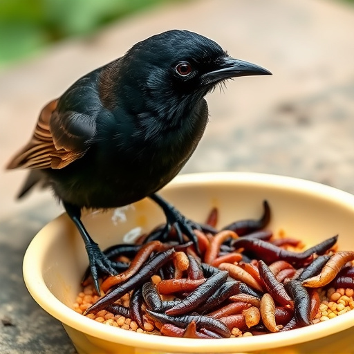 Blackbird feeding on mealworms in dish