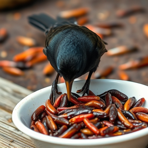 Blackbird feeding on mealworms in dish