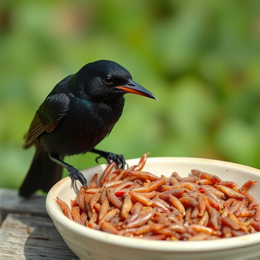 Blackbird feeding on mealworms in dish