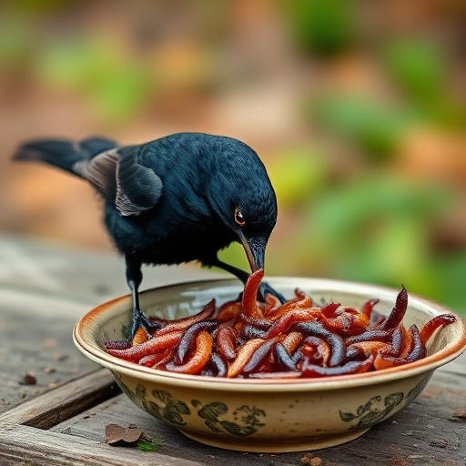 Blackbird feeding on mealworms in dish