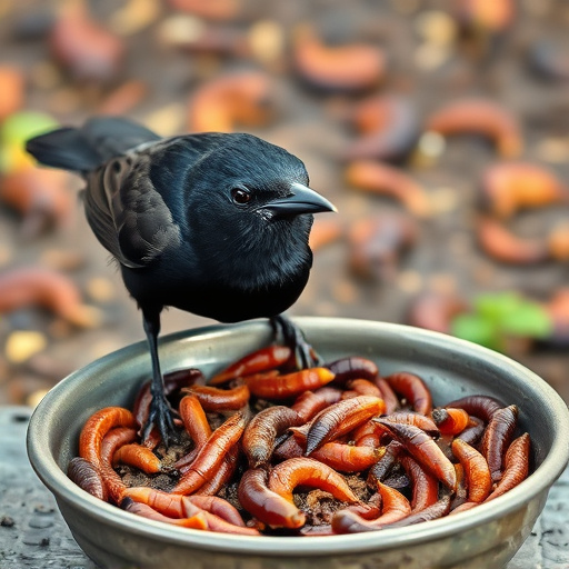 Blackbird feeding on mealworms in dish