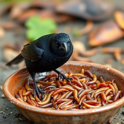 Blackbird feeding on mealworms in dish