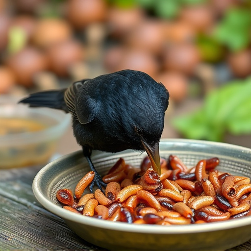 Blackbird feeding on mealworms in dish