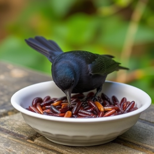 Blackbird feeding on mealworms in dish