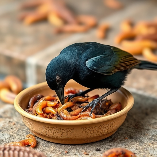 Blackbird feeding on mealworms in dish