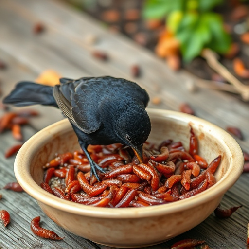 Blackbird feeding on mealworms in dish