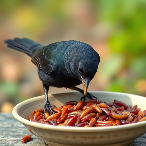 Blackbird feeding on mealworms in dish