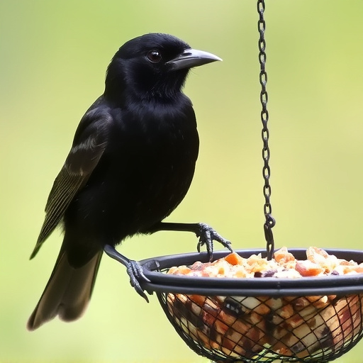 Blackbird pecking from mesh ground feeder