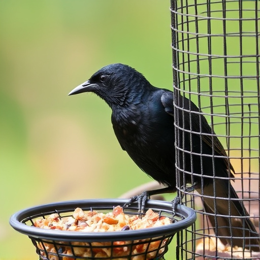 Blackbird pecking from mesh ground feeder