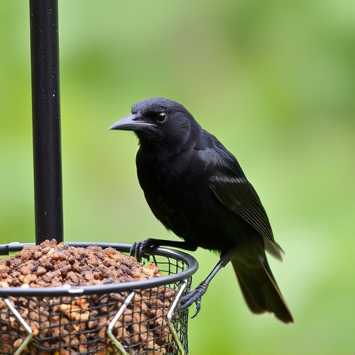 Blackbird pecking from mesh ground feeder
