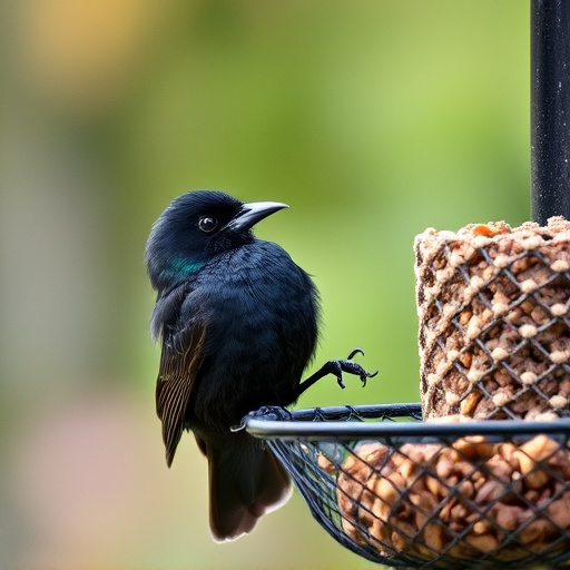 Blackbird pecking from mesh ground feeder