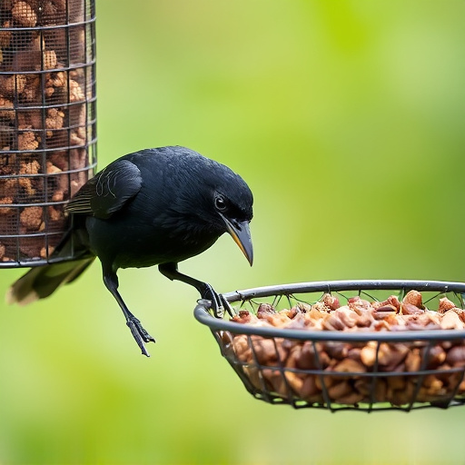 Blackbird pecking from mesh ground feeder