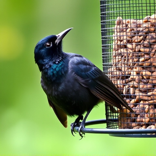 Blackbird pecking from mesh ground feeder