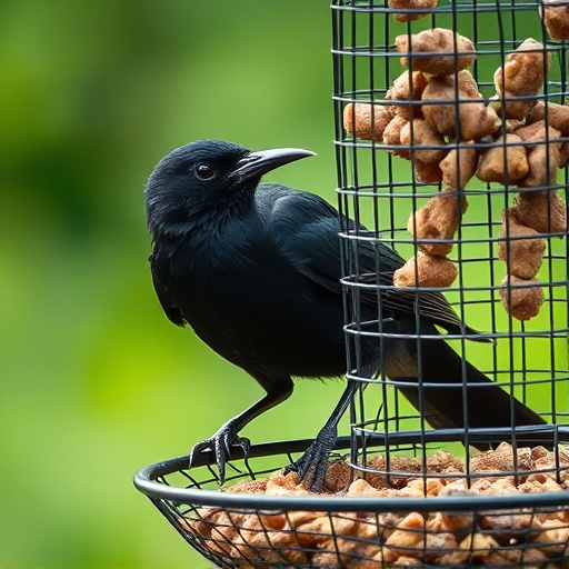 Blackbird pecking from mesh ground feeder