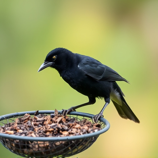 Blackbird pecking from mesh ground feeder