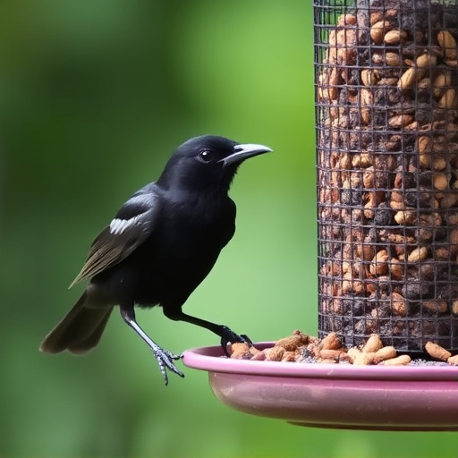 Blackbird pecking from mesh ground feeder