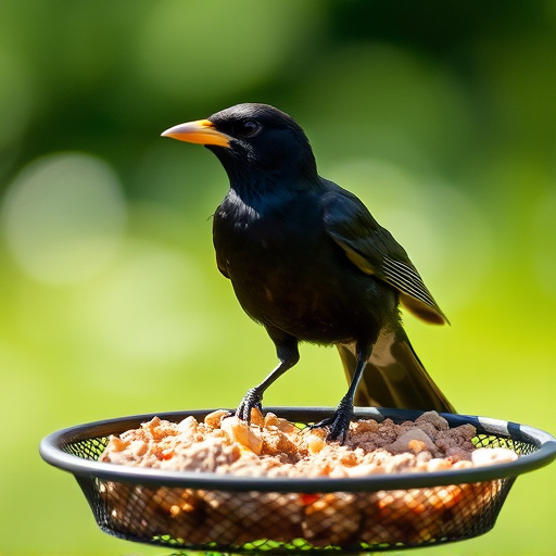 Blackbird pecking from mesh ground feeder