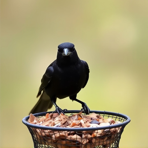 Blackbird pecking from mesh ground feeder