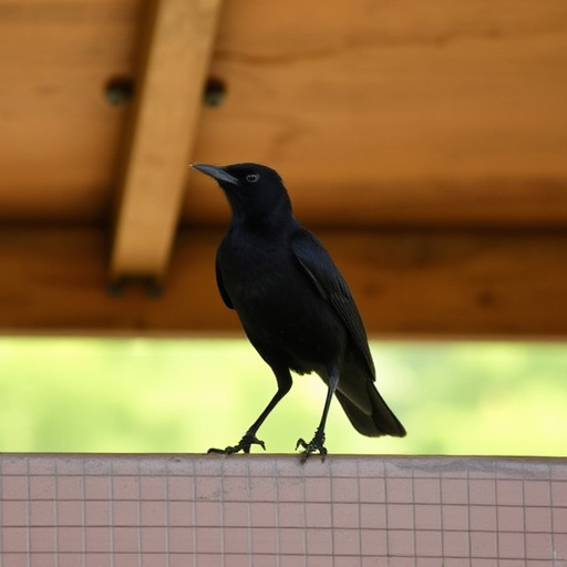 Blackbird perched under roofed platform