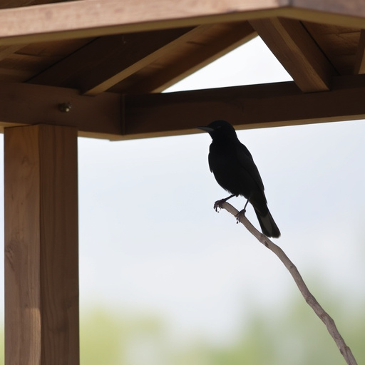 Blackbird perched under roofed platform