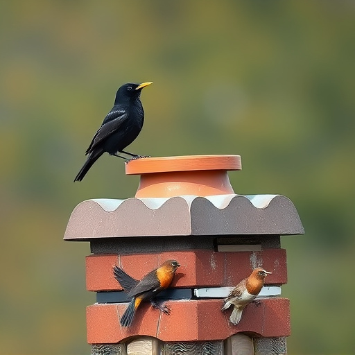 Blackbird singing from rooftop chimney