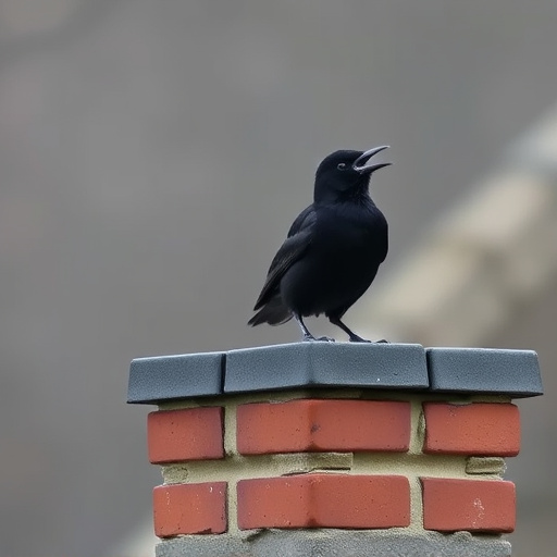 Blackbird singing from rooftop chimney