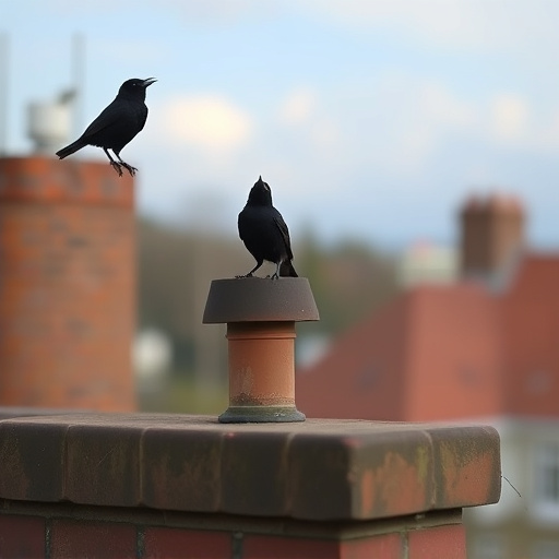 Blackbird singing from rooftop chimney