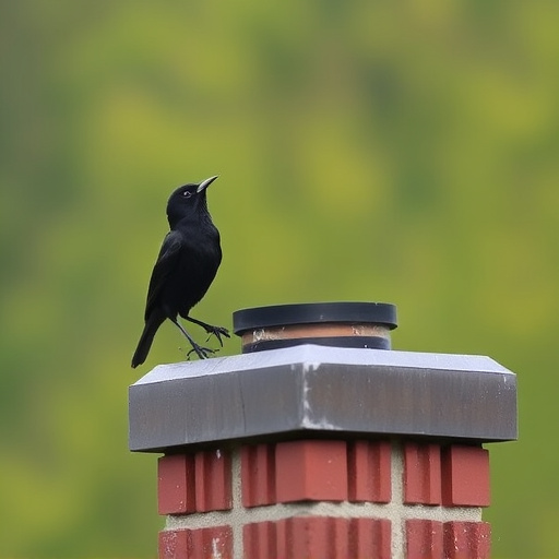 Blackbird singing from rooftop chimney