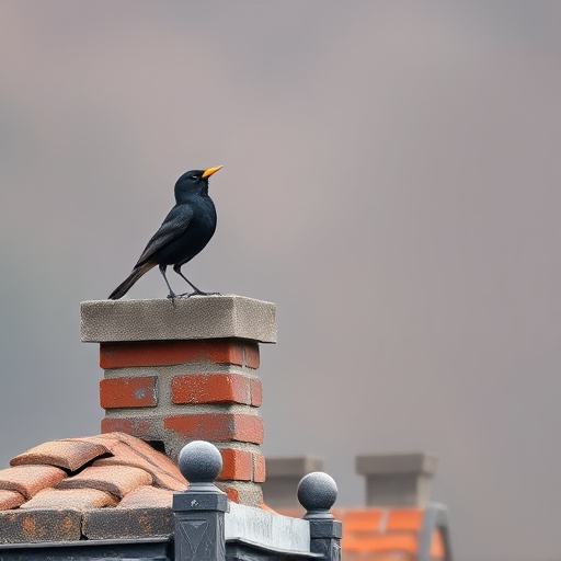 Blackbird singing from rooftop chimney