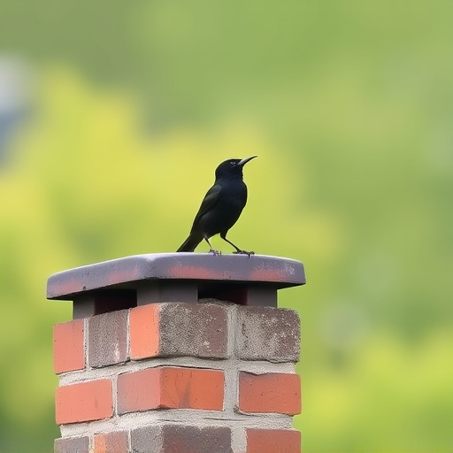 Blackbird singing from rooftop chimney
