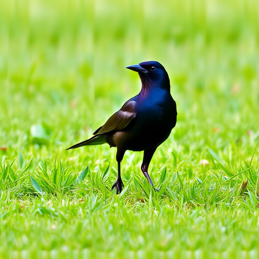 Blackbird standing on lush green lawn