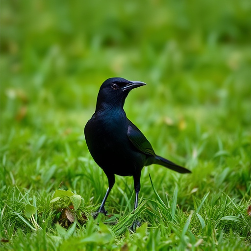Blackbird standing on lush green lawn