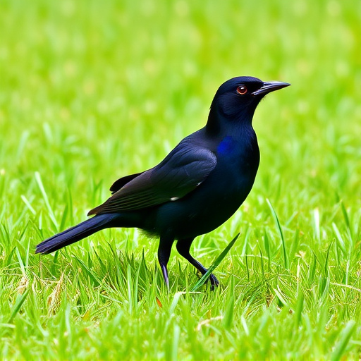 Blackbird standing on lush green lawn