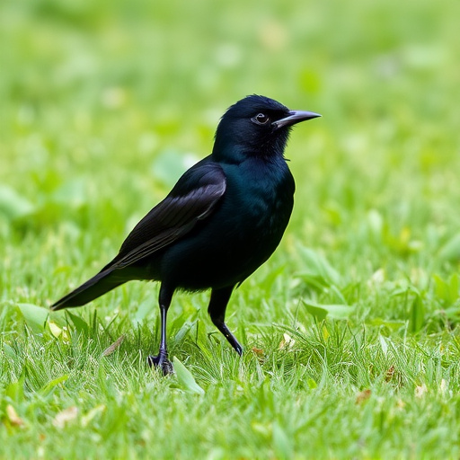 Blackbird standing on lush green lawn