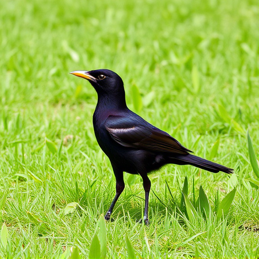 Blackbird standing on lush green lawn