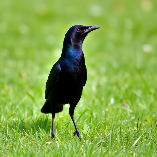 Blackbird standing on lush green lawn