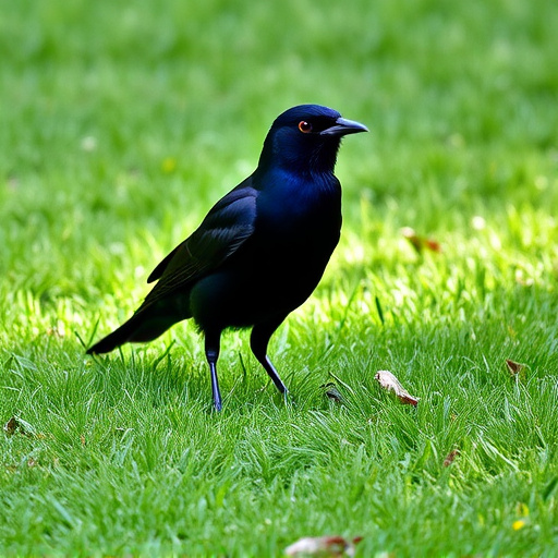 Blackbird standing on lush green lawn