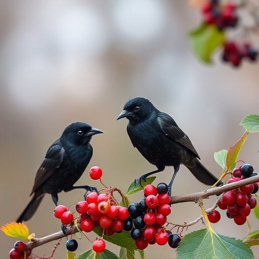 Blackbirds pecking at berries