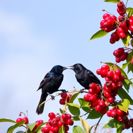Blackbirds pecking at berries