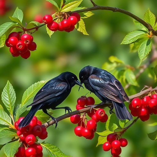 Blackbirds pecking at berries