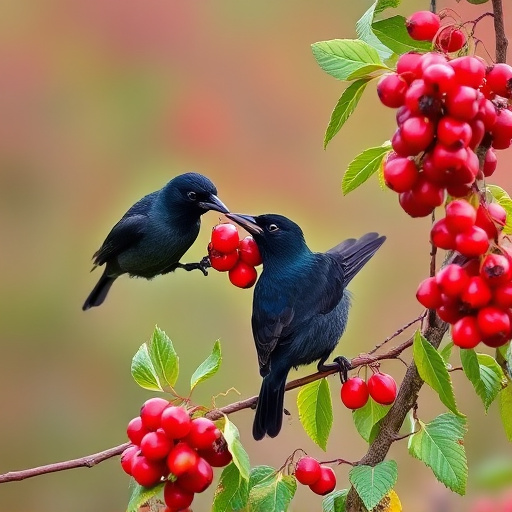 Blackbirds pecking at berries