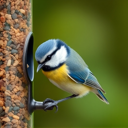 Blue tit clinging to feeder tube