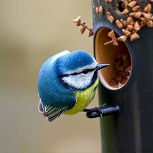Blue tit clinging to feeder tube