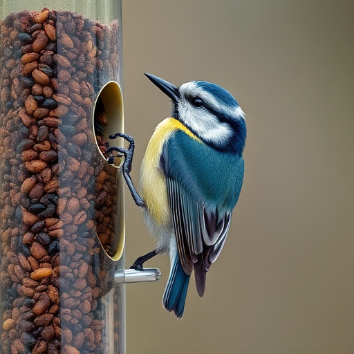 Blue tit clinging to feeder tube