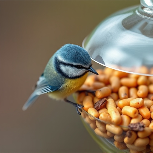 Blue tit clinging to mealworm-filled dish