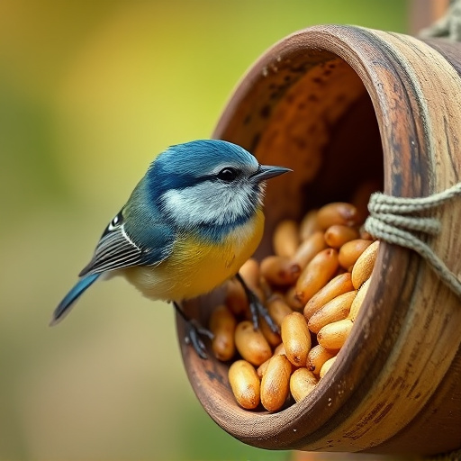 Blue tit clinging to mealworm-filled dish